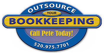 Logo with the words "Outsource Your Bookkeeping. Call Pete Today!" and phone number 520.975.7701 in blue and yellow text.